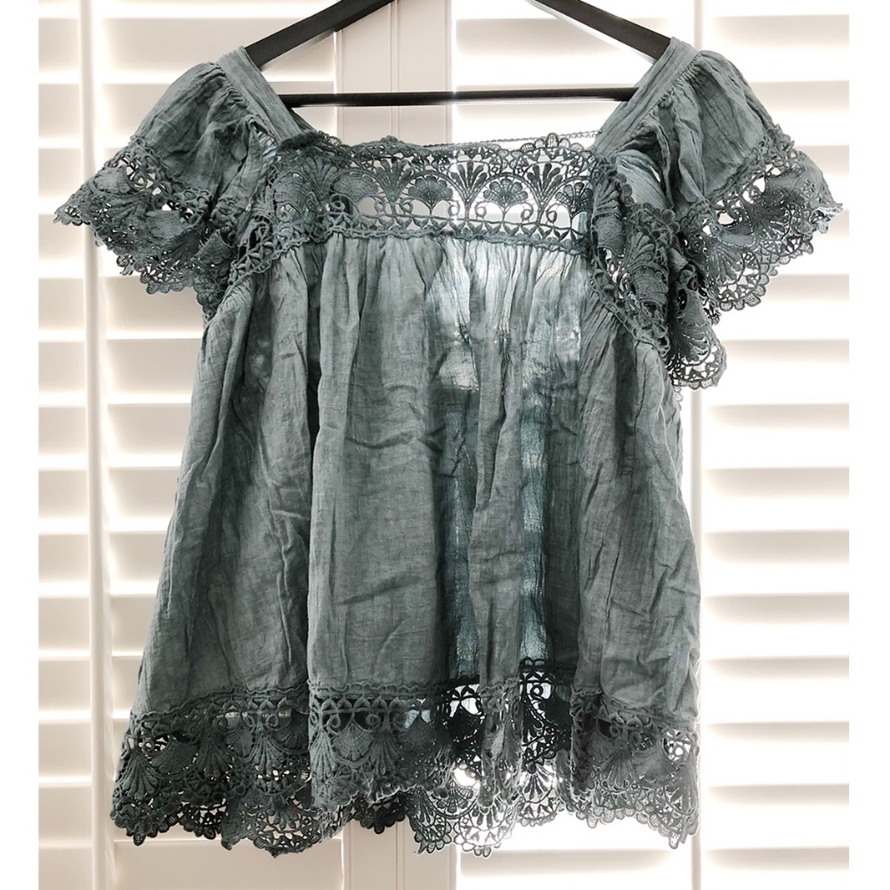 NWOT POL Chambray/Blue Lace Short Sleeve Blouse